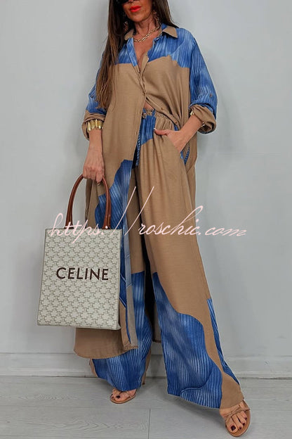 Unique Printed Loose Long Shirt and Elastic Waist Pocket Wide Leg Pants Set