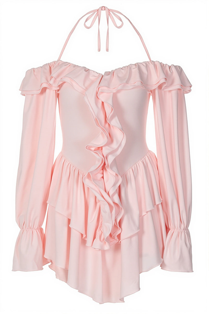 Halter Neck Lace Up Ruffle Hem Romper