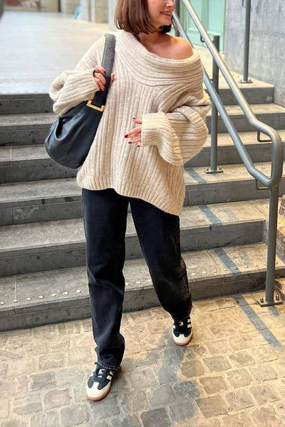 Fashionable Irregular Collar Loose Knitted Sweater
