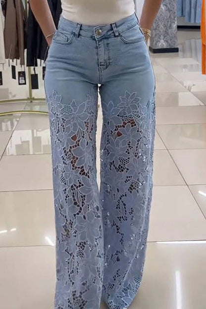 Hollow Lace Stitching Pocket Denim Wide-leg Pants