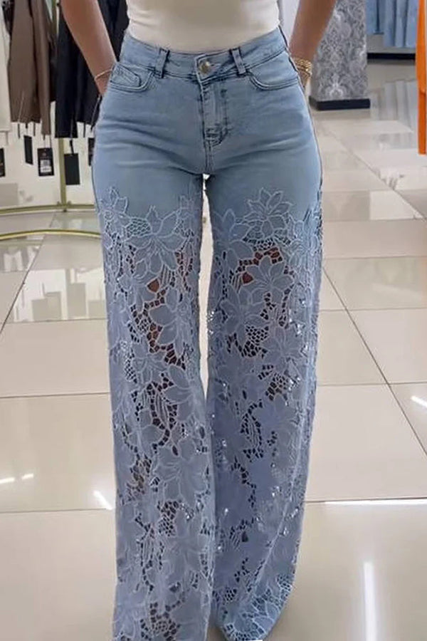 Hollow Lace Stitching Pocket Denim Wide-leg Pants