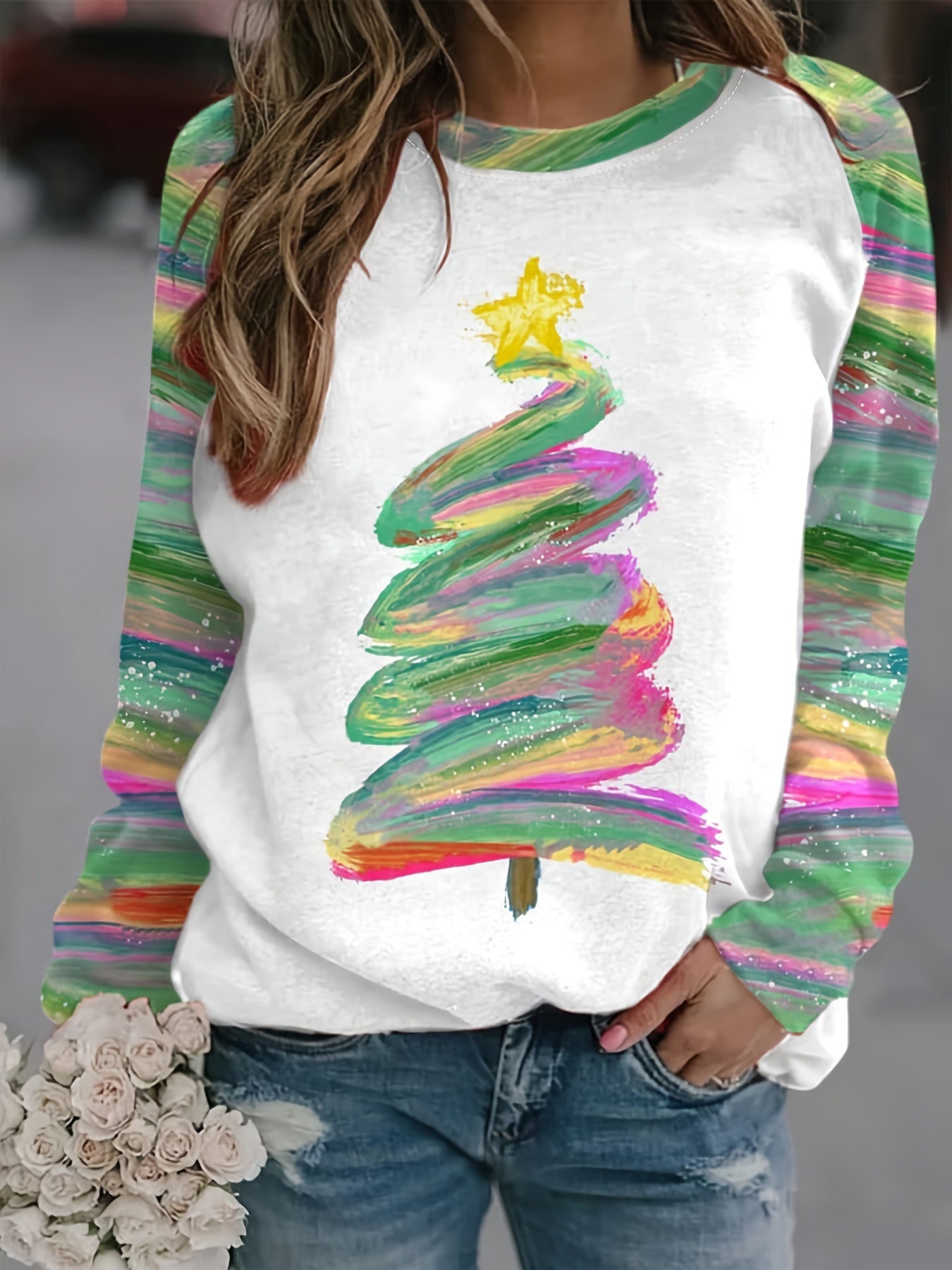 Christmas Tree Print Pullover Sweatshirt Rk6301