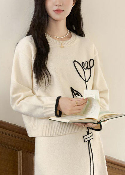 Stylish Beige O Neck Sweaters and Skirts Knit Two Pieces Set Winter Wv012