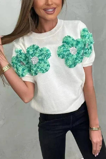 Crewneck Short Sleeves 3d Flower Sweater Top
