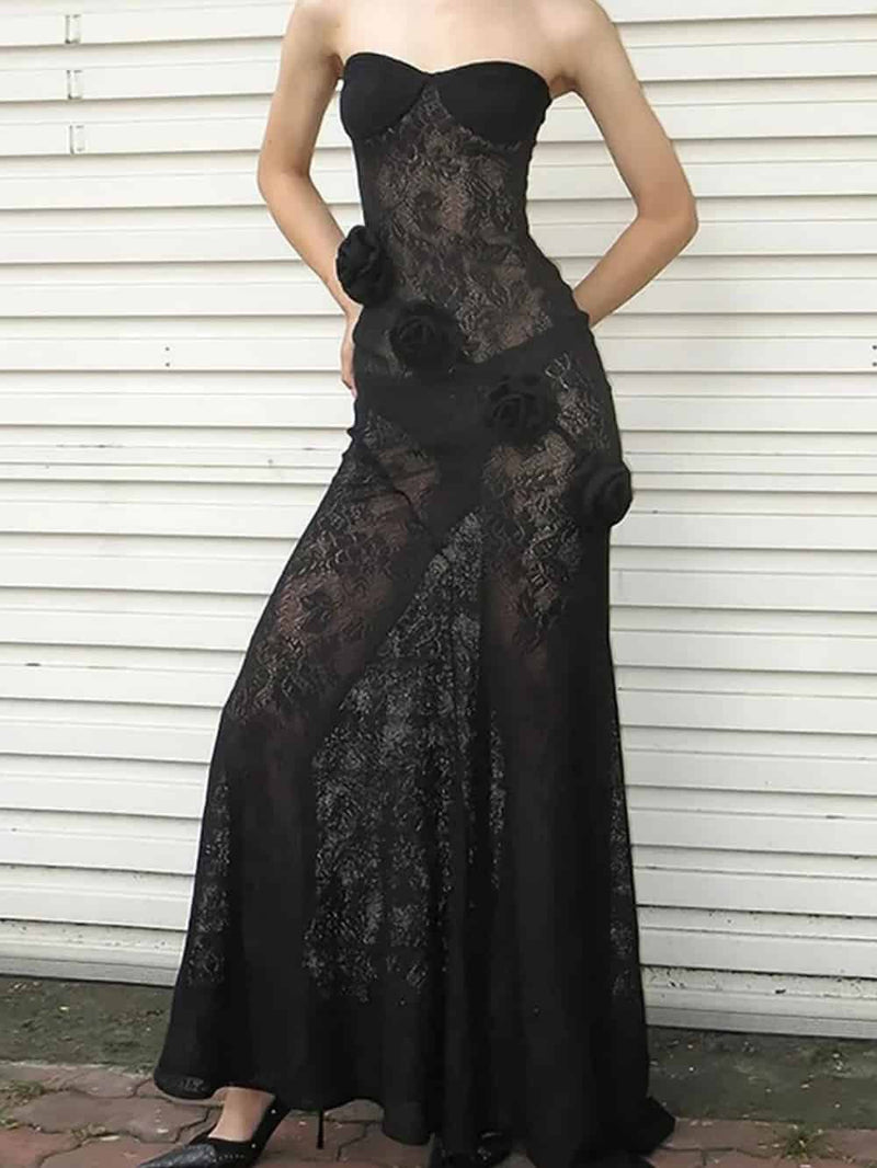 3d Flower Decor Lace Fishtail Hem See Through Strapless Maxi Dress