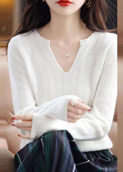 Simple White V Neck Ruffled Cotton Knit Sweaters Fall Qp019