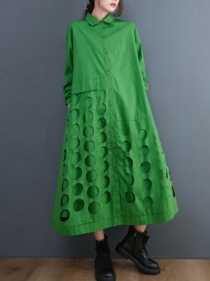 A-line Long Sleeves Asymmetric Hollow Polka-dot Color Lapel Midi Dresses