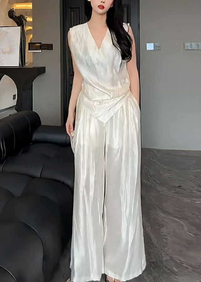 White V Neck Asymmetrical Silk Top and Pants Two Pieces Set Summer An1004