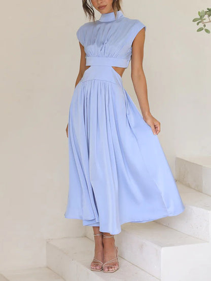 Cap Sleeve Belly-hollow Pleated Color Stand Collar Maxi Dresses