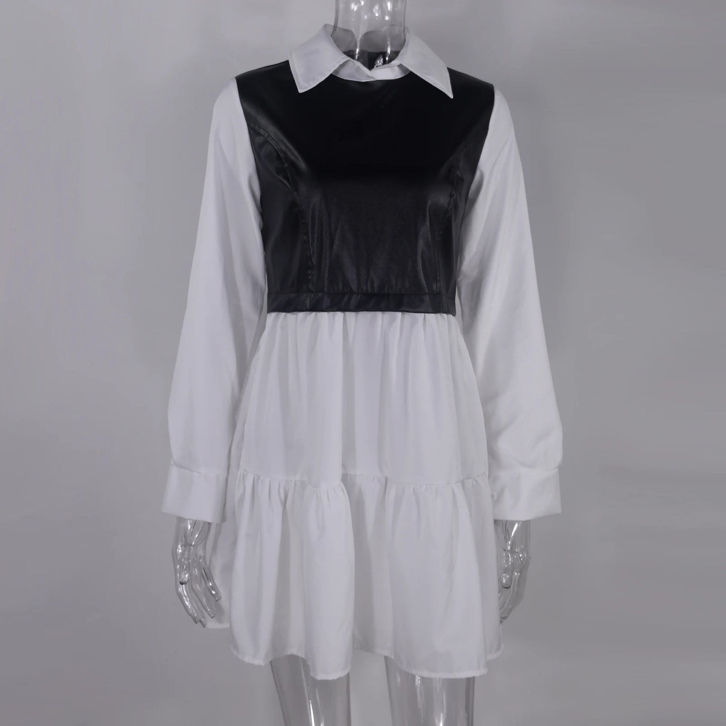 Plaid Shirt Vestidos Long Sleeve White Short Dress for Summer Pu Leather Patchwork Sweet Office Mini Dresses