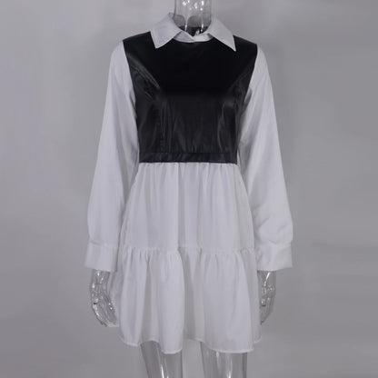 Plaid Shirt Vestidos Long Sleeve White Short Dress for Summer Pu Leather Patchwork Sweet Office Mini Dresses