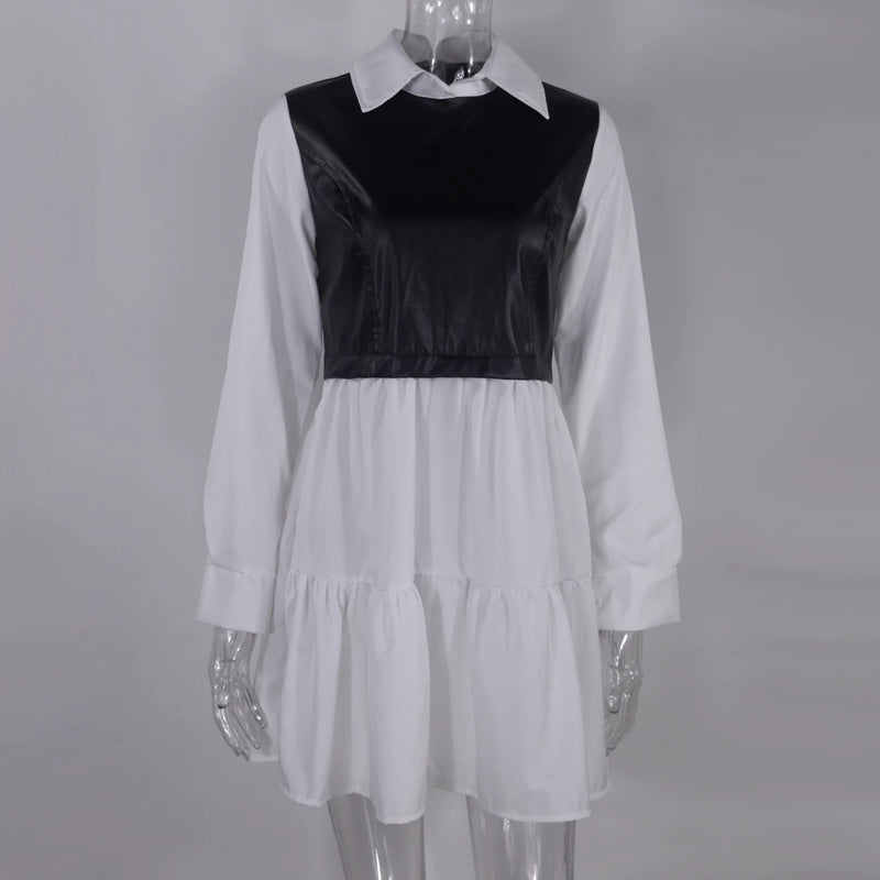 Plaid Shirt Vestidos Long Sleeve White Short Dress for Summer Pu Leather Patchwork Sweet Office Mini Dresses