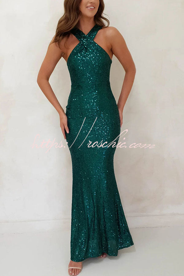 Time to Sparkle Sequin Cross Halter Neck Backless Maxi Dress