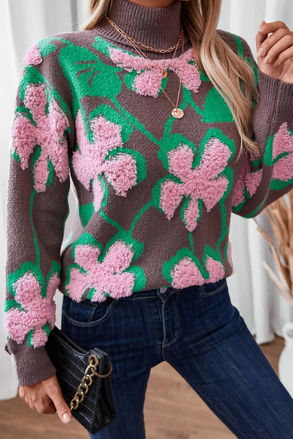 Pink Plush Collar Loose Pullover Sweater