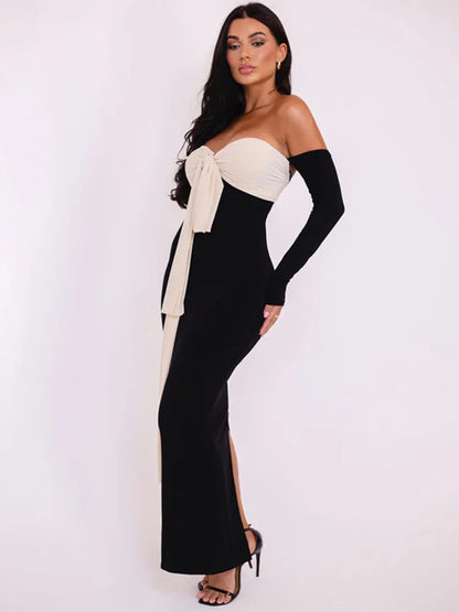 Patchwork Off-shoulder Maxi Dress for Gown Contrast Color Strapless Long Sleeve Bodycon Long Dress