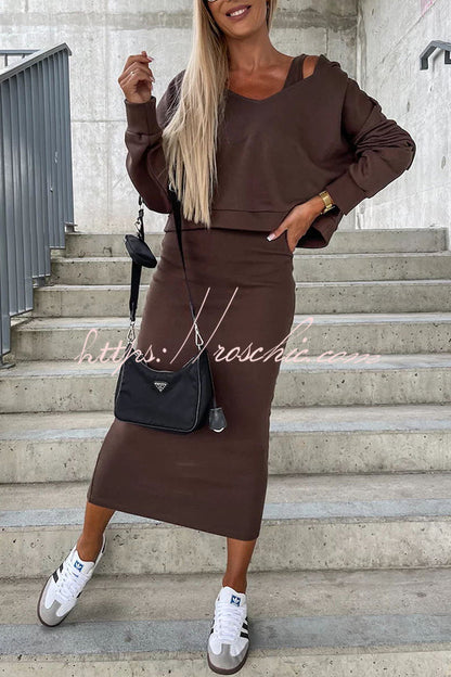 Around the World Hooded Sweatshirt and Slip Maxi Skirt Two Piece Set