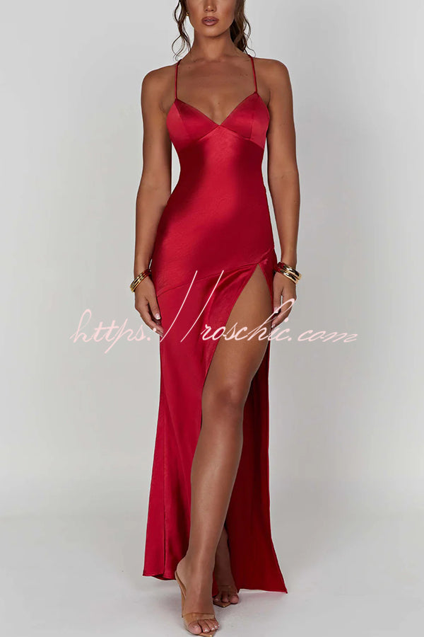 Satin Color Backless Lace Up High Slit Maxi Dress
