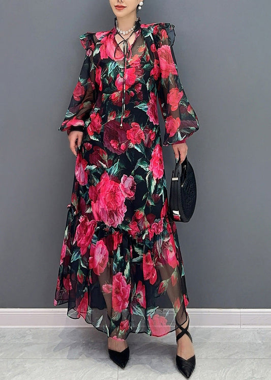 Red Tie Lace Print Chiffon Maxi Dresses Fall Ao1044