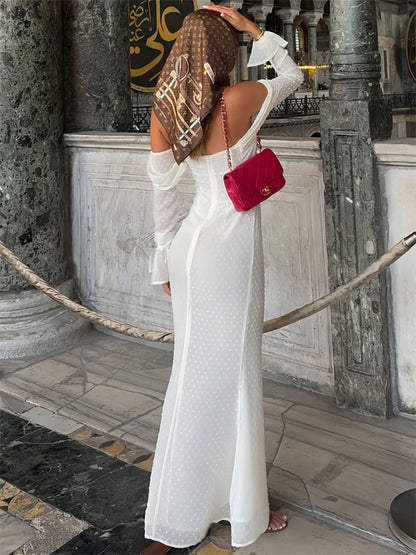 Mesh Backless Long Dress Female Lace-up High Waist Off-shoulder Slim Autumn Party Dress ’s