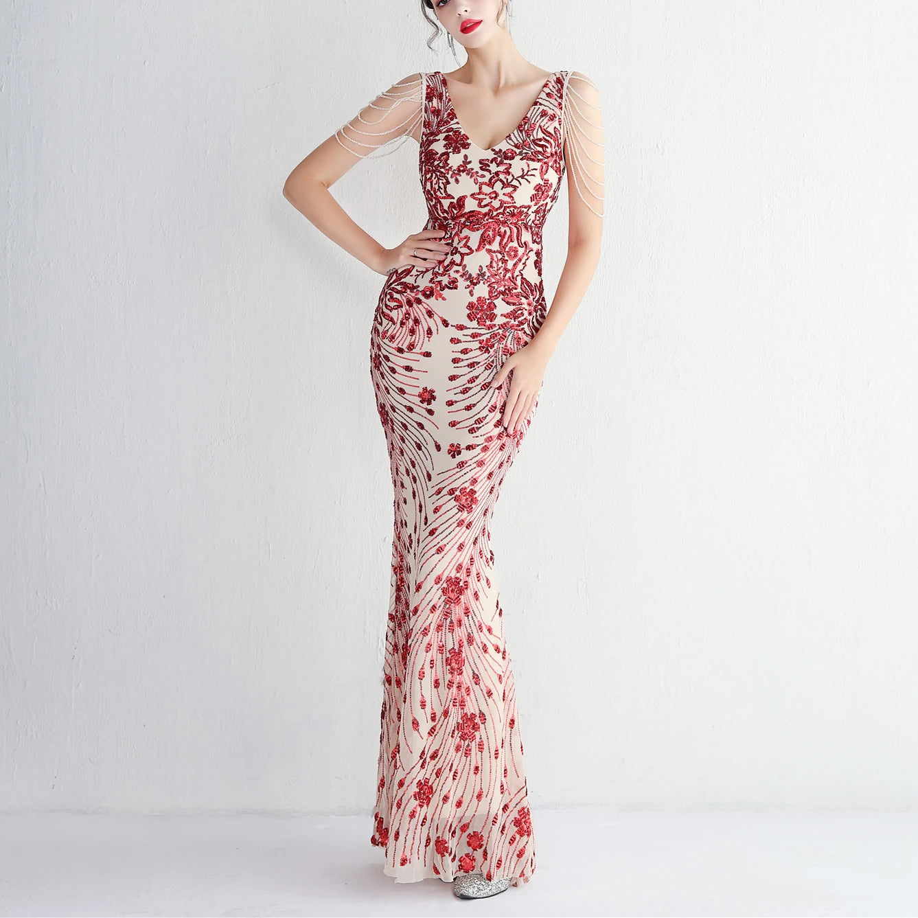 V-neck Sleeveless Dress With Stones and Crystals Sequins Tassel Party Dresses High Waisted Long Dress