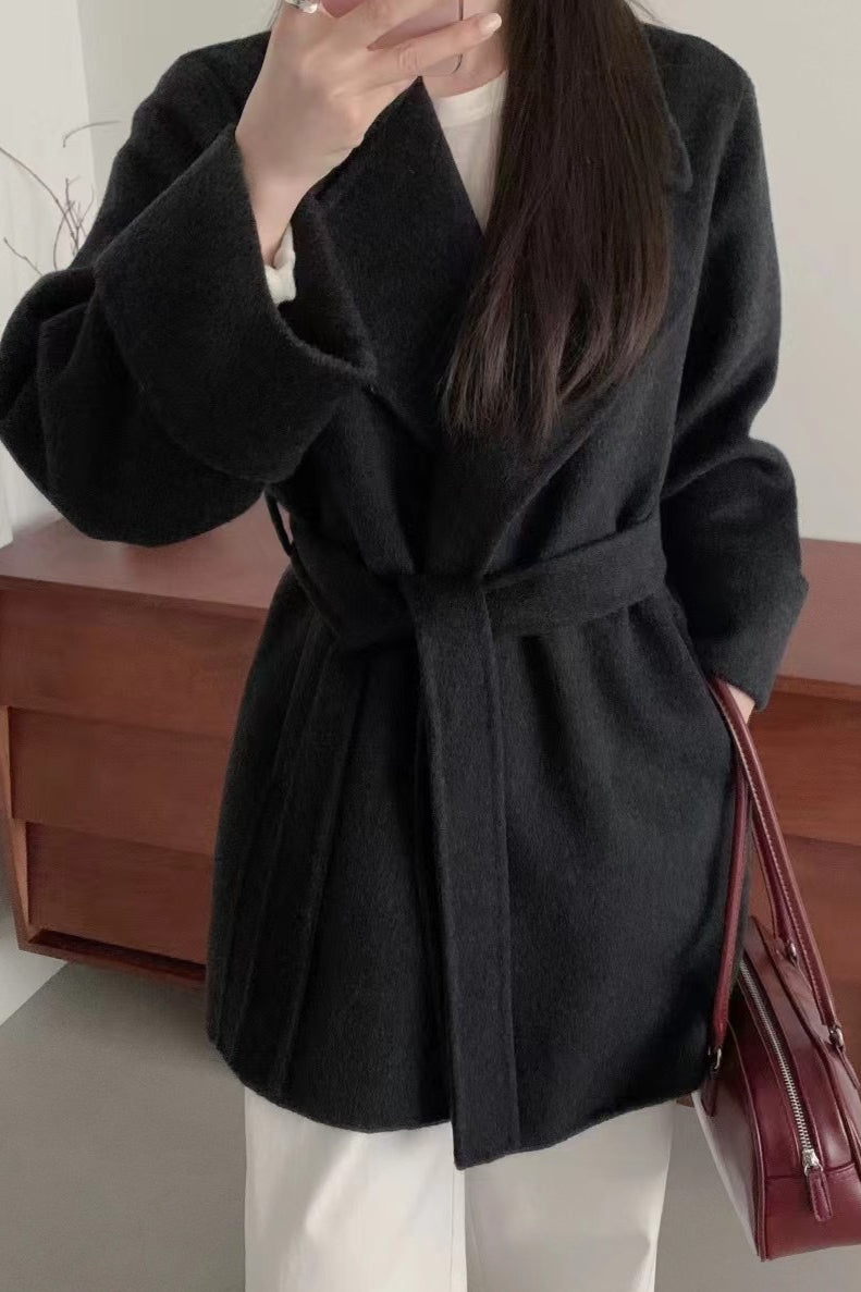 Robe-style Double-face Wool Long Hepburn Coat