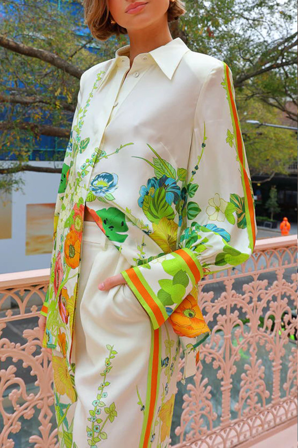 Satin Print Back Tie-up Button Down Oversized Blouse