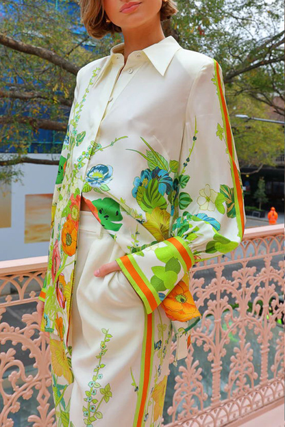 Satin Print Back Tie-up Button Down Oversized Blouse