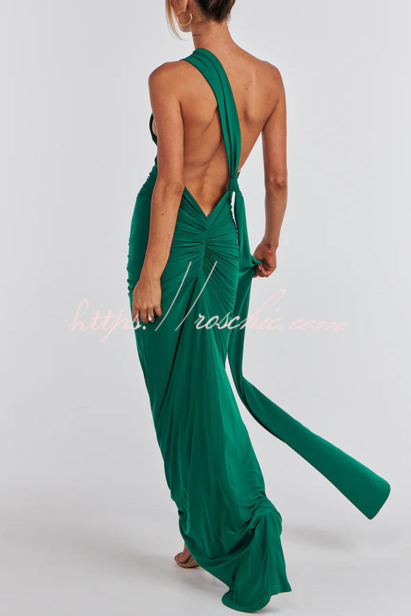 Backless Pleated Slim Color Sleeveless Maxi Dress