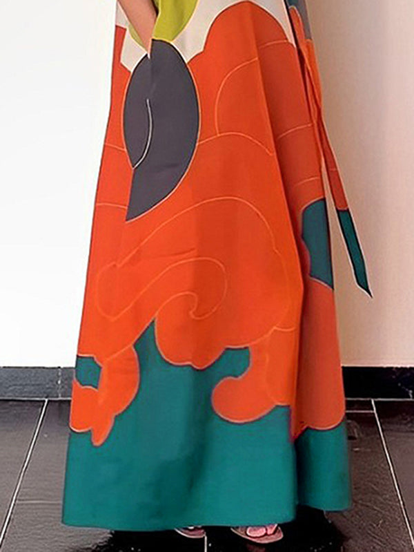 Long Sleeves Loose Printed Split-joint Round-neck Maxi Dresses