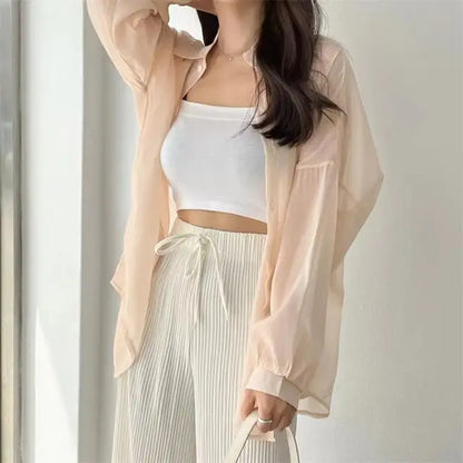 Perspective Shirts Sheer Thin Summer Simple Sun-proof Top Blouse Baggy All-match Basic Korean Clothing