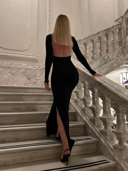 Black Backless Slim Long Dress for High Split Long Sleeve Patchwork Party Dress Maxi Dress