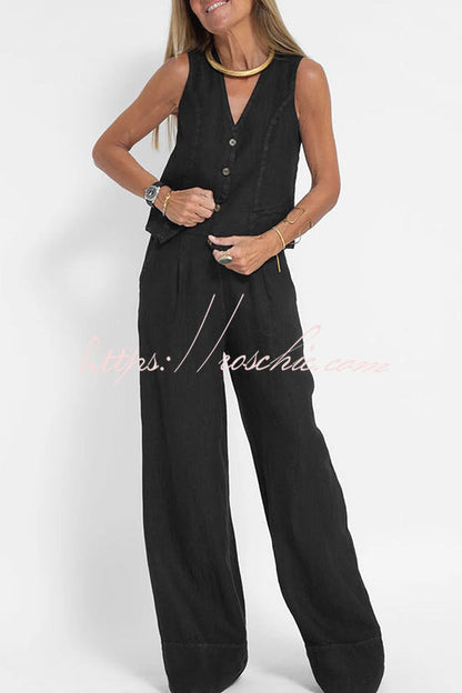 Eddie Linen Blend Button Vest and Elastic Waist Pocketed Wide Leg Pants Set