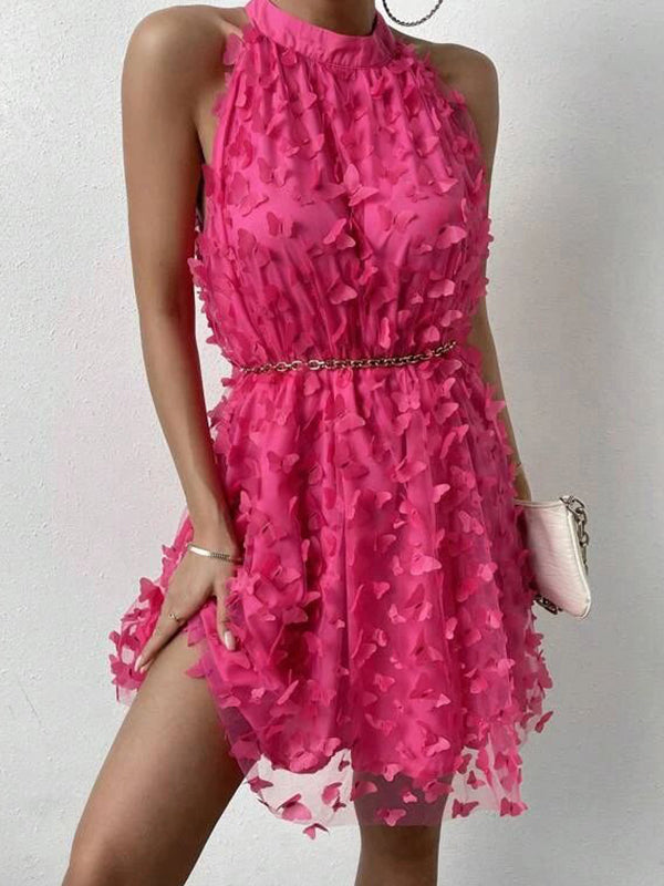 Loose Sleeveless Jacquard Pleated Color Split-joint Stand Collar Mini Dresses