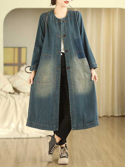A-line Long Sleeves Buttoned Pockets Round-neck Midi Dresses Outerwear