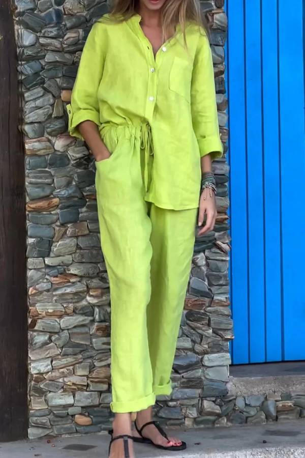 Color V-neck Shirt \u0026 Pants Cotton Linen Two-piece Set