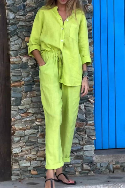 Color V-neck Shirt \u0026 Pants Cotton Linen Two-piece Set