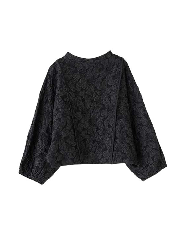 Classy Black Round-neck Jacquard Raglan Long Sleeve and Elastic Waist Pockets Wide Leg Pants Set Ws014