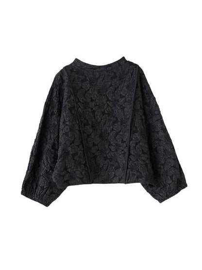 Classy Black Round-neck Jacquard Raglan Long Sleeve and Elastic Waist Pockets Wide Leg Pants Set Ws014