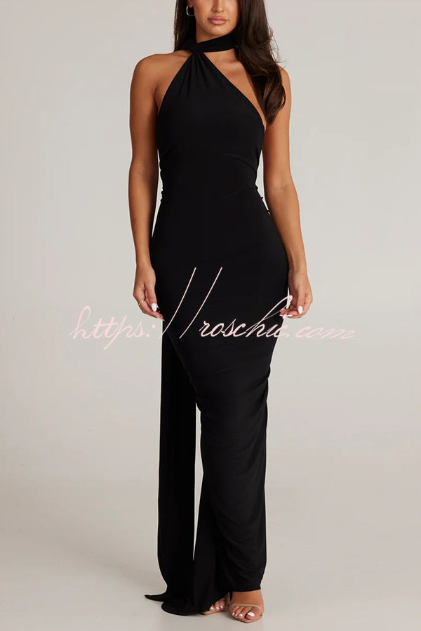 Backless Pleated Slim Color Sleeveless Maxi Dress