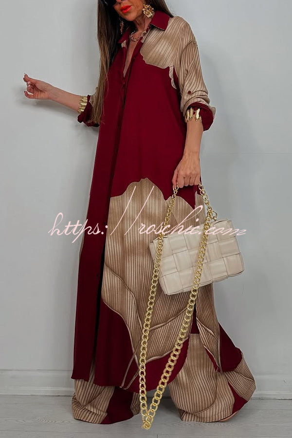 Unique Printed Loose Long Shirt and Elastic Waist Pocket Wide Leg Pants Set