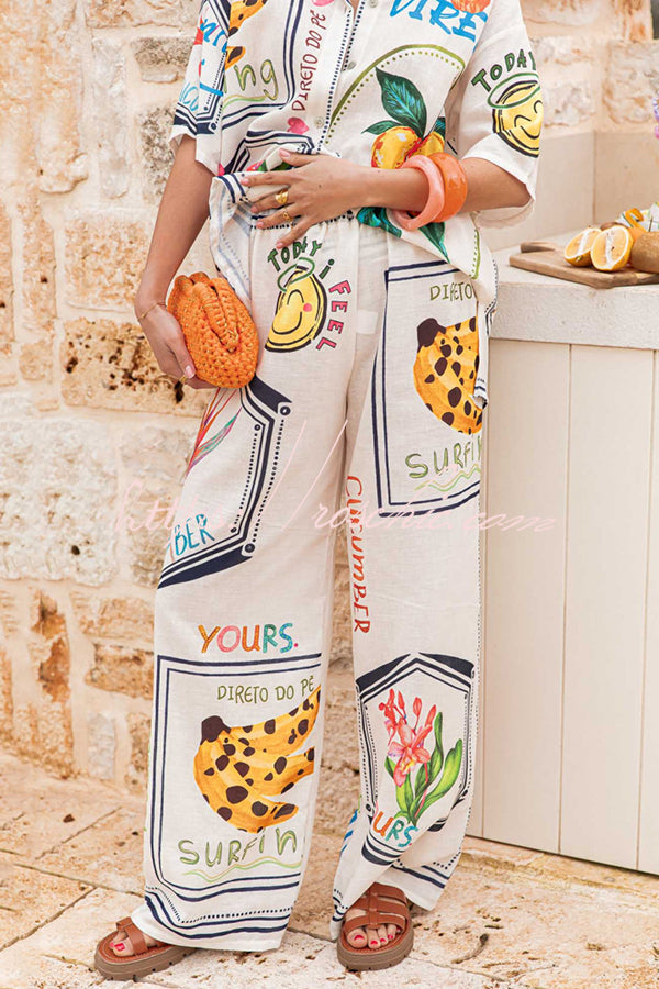 Summer Plant Fruit Print Short Sleeve Shirt and Elastic Waist Loose Wide Leg Pants Set