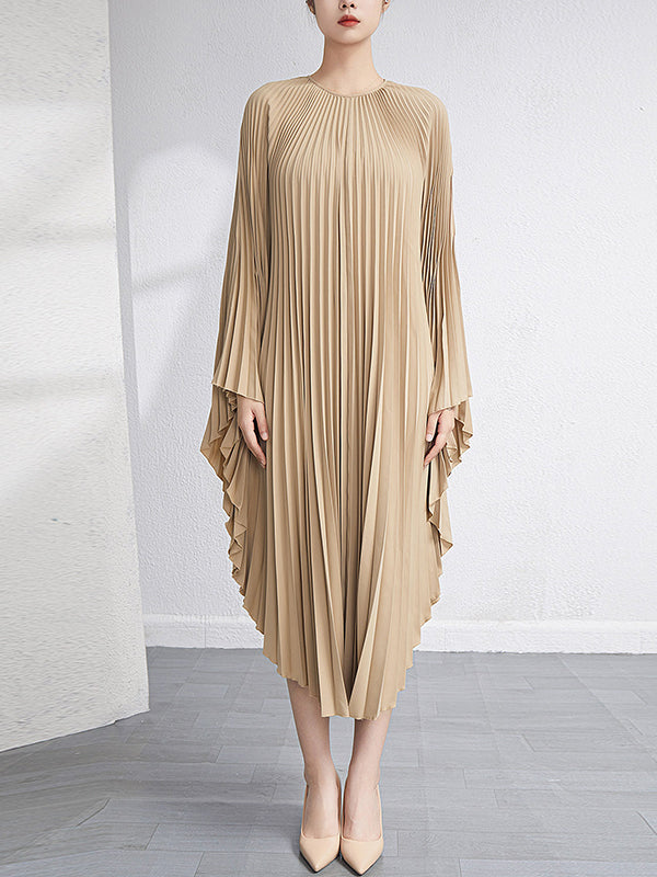 Batwing Sleeves Loose Pleated Color Maxi Dresses