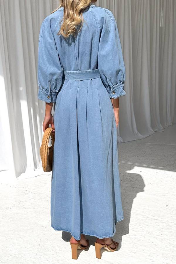 Waist Button-down Denim Maxi Dress