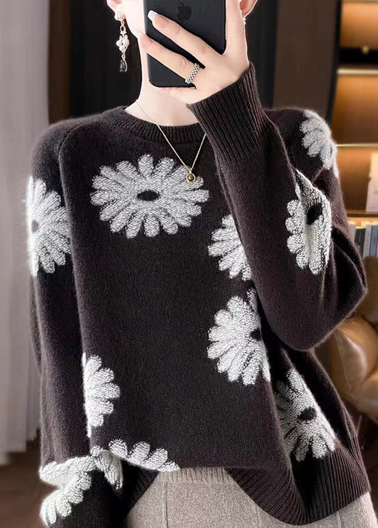 Loose Coffee O-neck Print Wool Knit Sweaters Fall Qp043