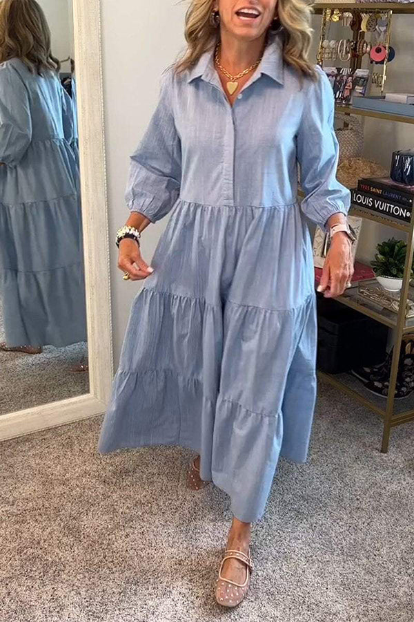 Color Lapel Elastic Cuffs Loose Maxi Dress