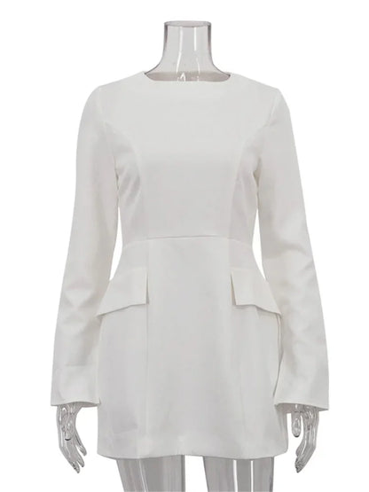 Female White Dress Patchwork Long Sleeve Commute Clothes Dress for Zipper Autumn Mini Dress New