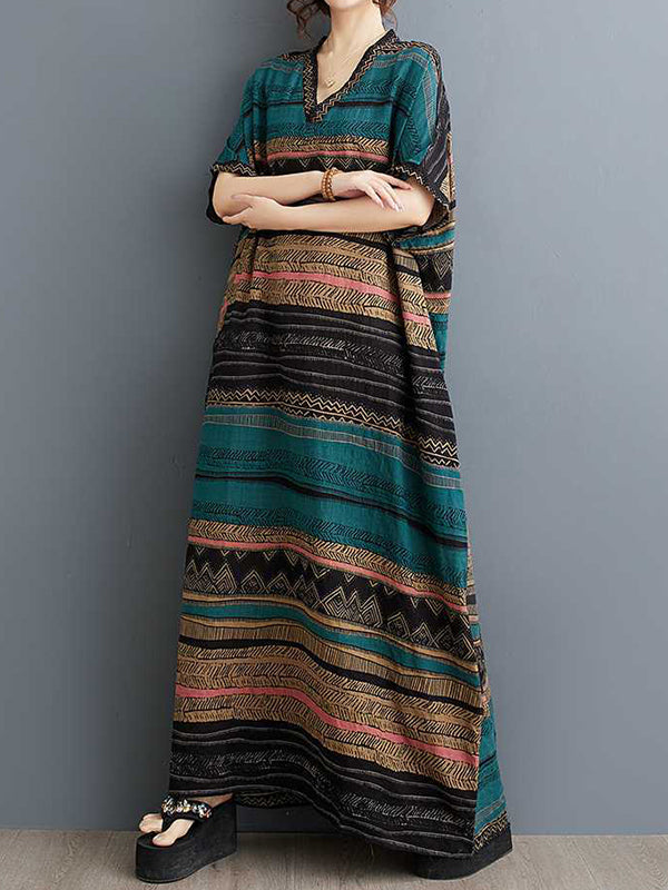 A-line Batwing Sleeves Split-joint Striped V-neck Maxi Dresses