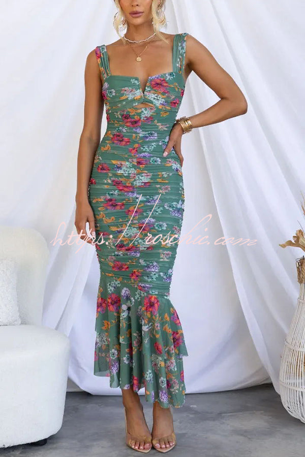 Styled to Perfection Ruched Mesh Overlay Ruffle Hem Maxi Dress