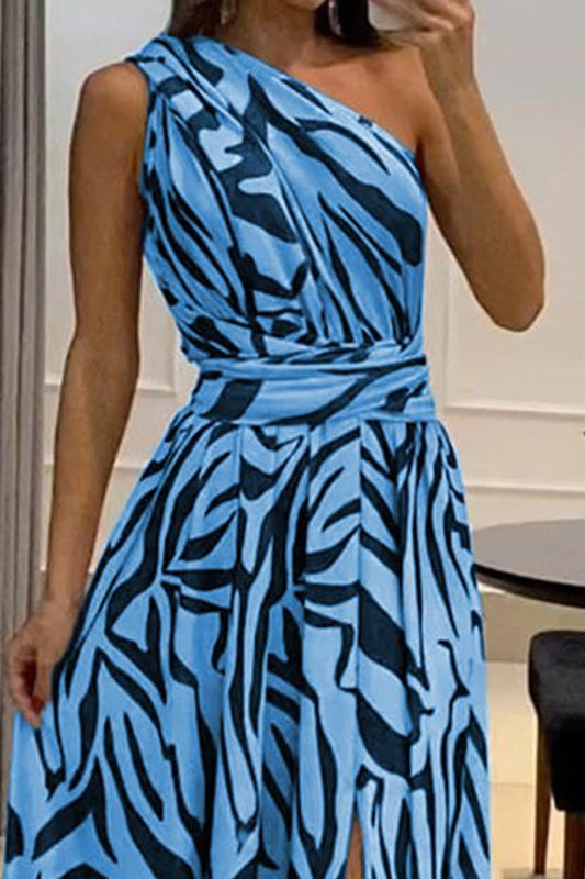 One Shoulder Sleeveless Printed Long Dress With Split Back