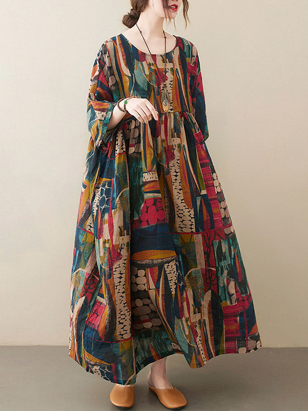 Loose Abstract Printed Pleated Round-neck Half Sleeves Midi Dress